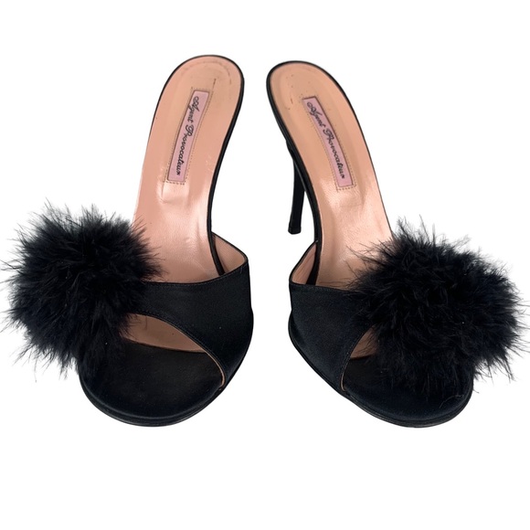 Agent Provacateur Enrica Women’s Slip On Satin Black Pom Pom Trim Heels 8.5-9 - Picture 4 of 11